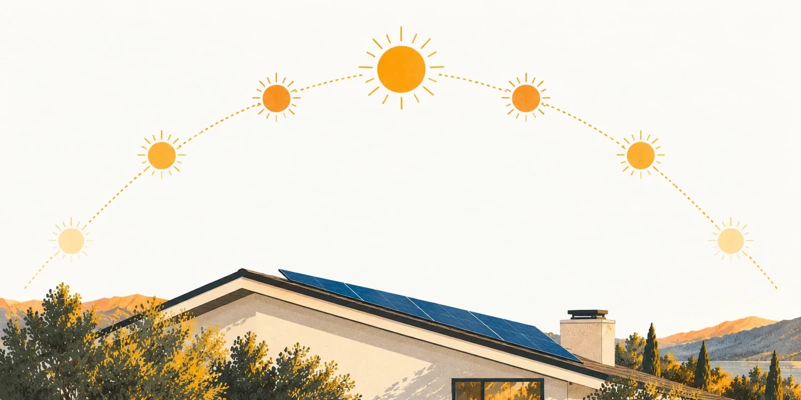 The sun's path across the sky from sunrise to sunset, drawn as seven suns over a roof with solar panels